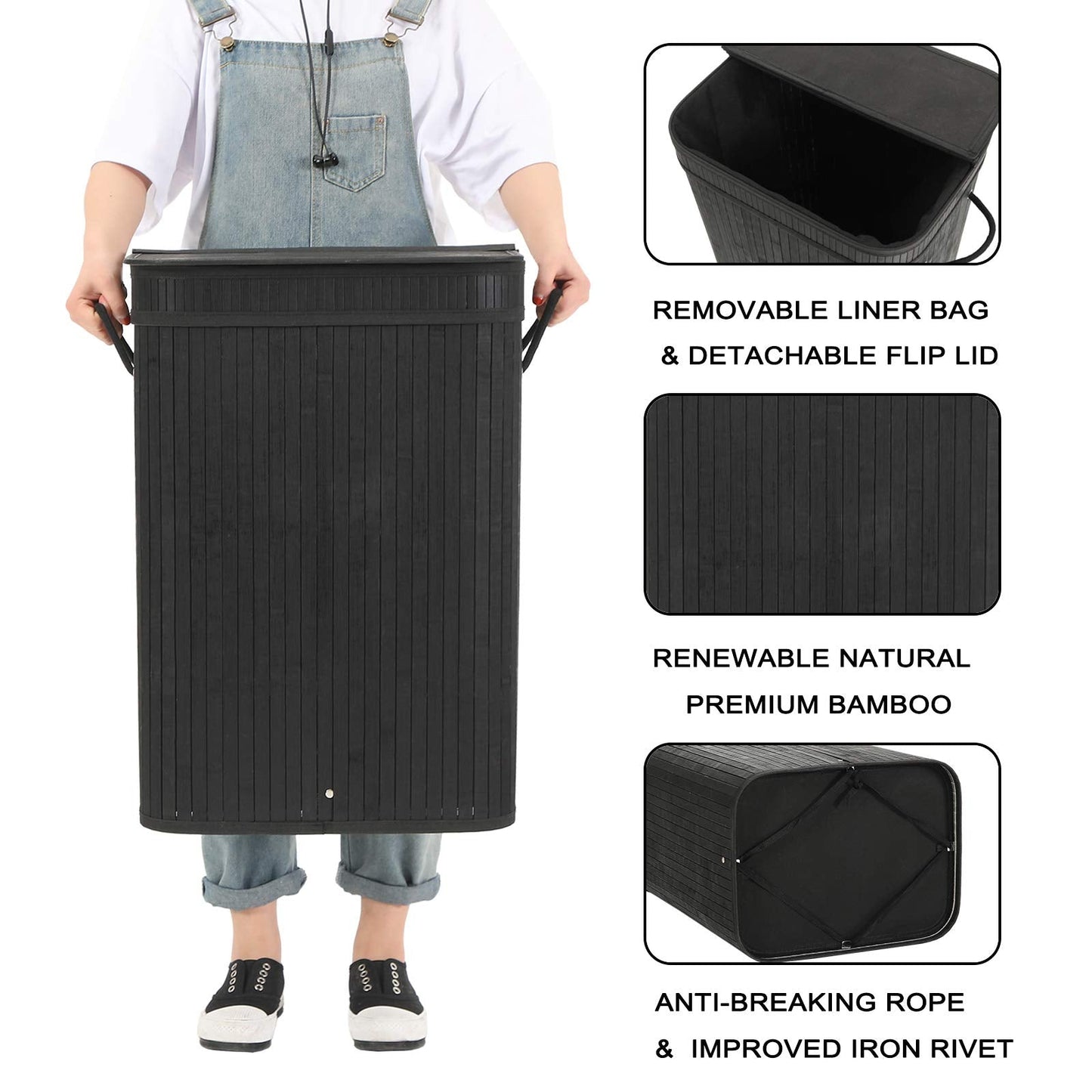 Sophia & William Laundry Hamper with Lid, 72L Bamboo Laundry Basket with Removable Liner, Collapsible Storage Dirty Clothes Basket with Handles for Laundry Bedroom, Black