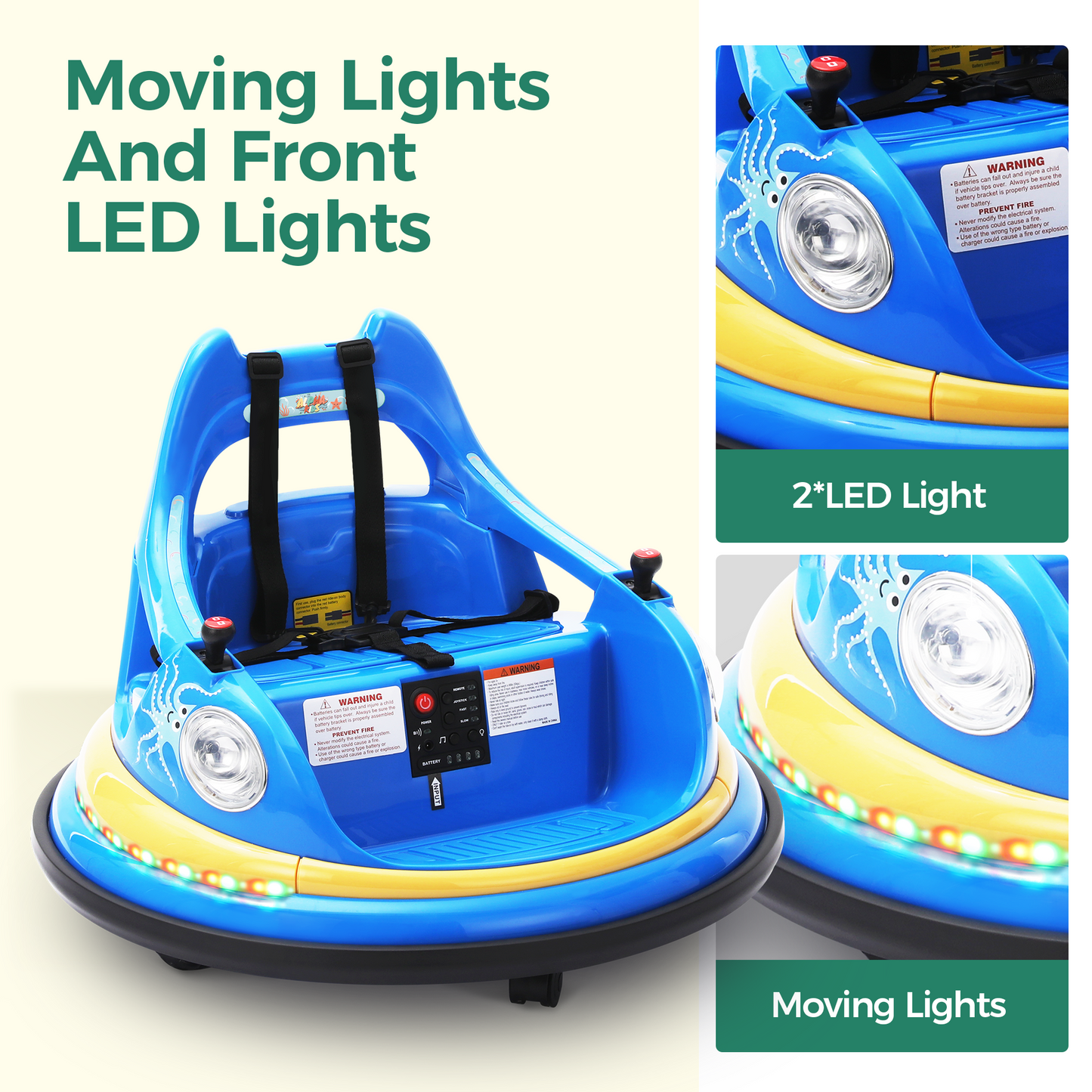 Alpha Joy Kids Bumper Car 12V Battery Powered Ride on w/LED Lights, Bluetooth Music, 360¡ã Spin, Remote Control, Electric Car in 2 MPH with Stickers, Blue