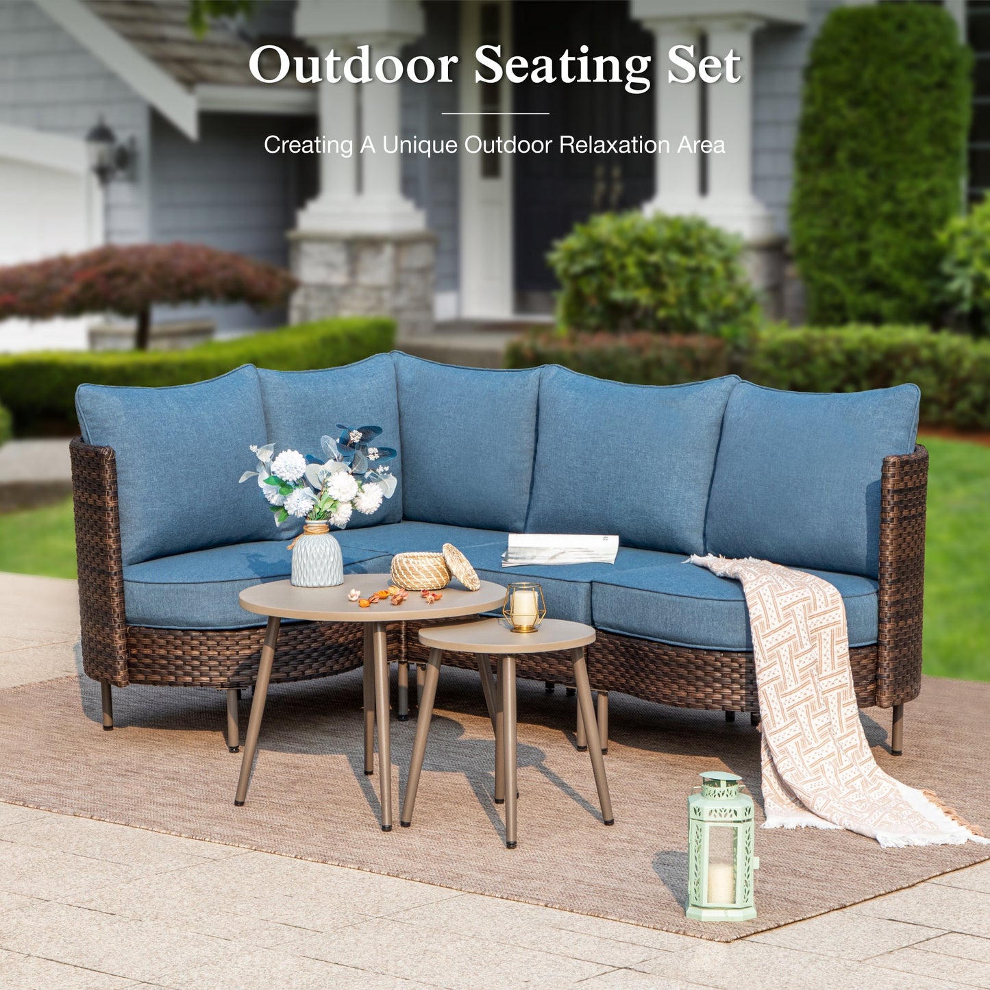 Sophia & William L-shaped 6 Pieces Wicker Patio Furniture Set 4-Seat Outdoor Conversation Set with Coffee Table & Cushioned Chairs, Brown & Blue