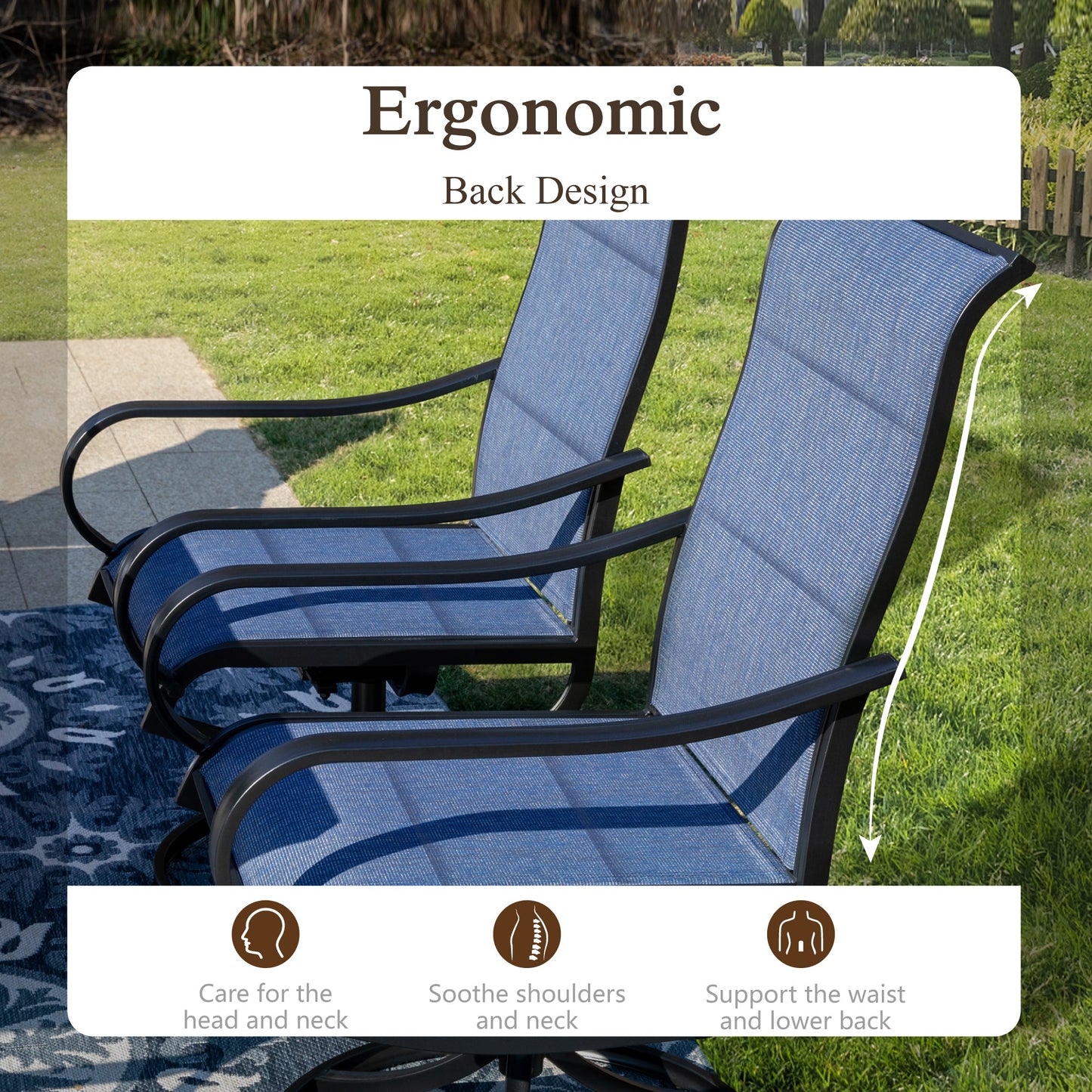 Sophia & William 8-Piece Outdoor Patio Dining Set with 13ft Navy Umbrella, Rectangle Table & Blue Padded Textilene Chairs Furniture Set