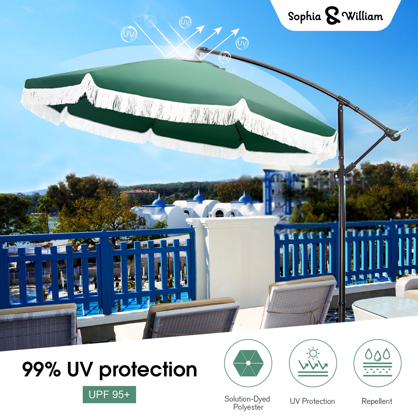 Sophia & William Patio Umbrella 9ft Outdoor Offset Umbrella Cantilever Umbrella with Fringe Tassel Easy Lift UV Protection Outdoor Umbrella Aluminum Ploe All Weather for Backyard Pool Garden Green