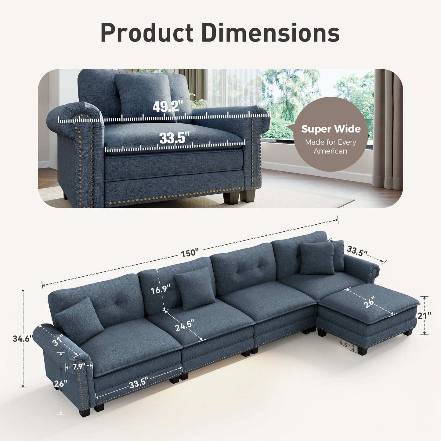 Sophia&William Modular Sectional Sofa Set, L-shaped Linen Cloud Couch 5-Seat Nailhead Trim Cloud Sofa Set with 4 Pillows for Living Room, Cyan