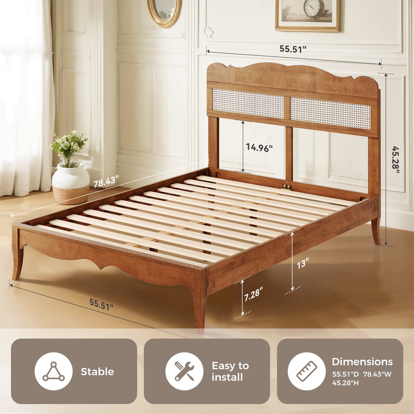Sophia & William Full Size Wood Platform Bed Frame with Wooven Rattan Headboard & Wooden Slats,No Box Spring Needed