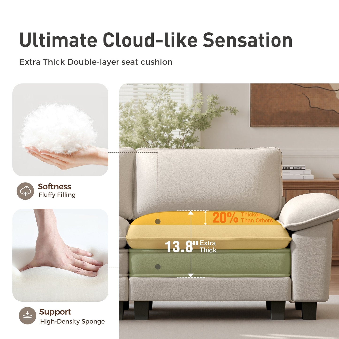 Sophia&William Convertible Sectional Sofa Couch, Modern Chenille Couch 4-Seat Deep Sofa Modular Sectional with 4 Pillows for Living Room,White