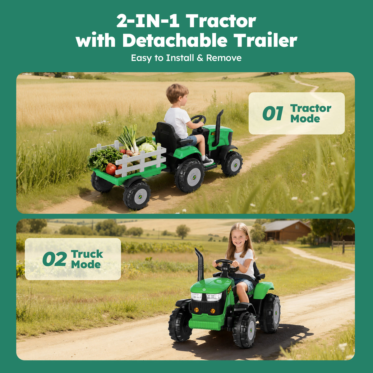 Alpha Joy 24V Powered Ride on Tractor with Detachable Trailer Electric Toy Car with Remote Control, Tippable Trailer, USB, Headlight, Bluetooth, 3 Speed Adjustable for Kids 3+, Green