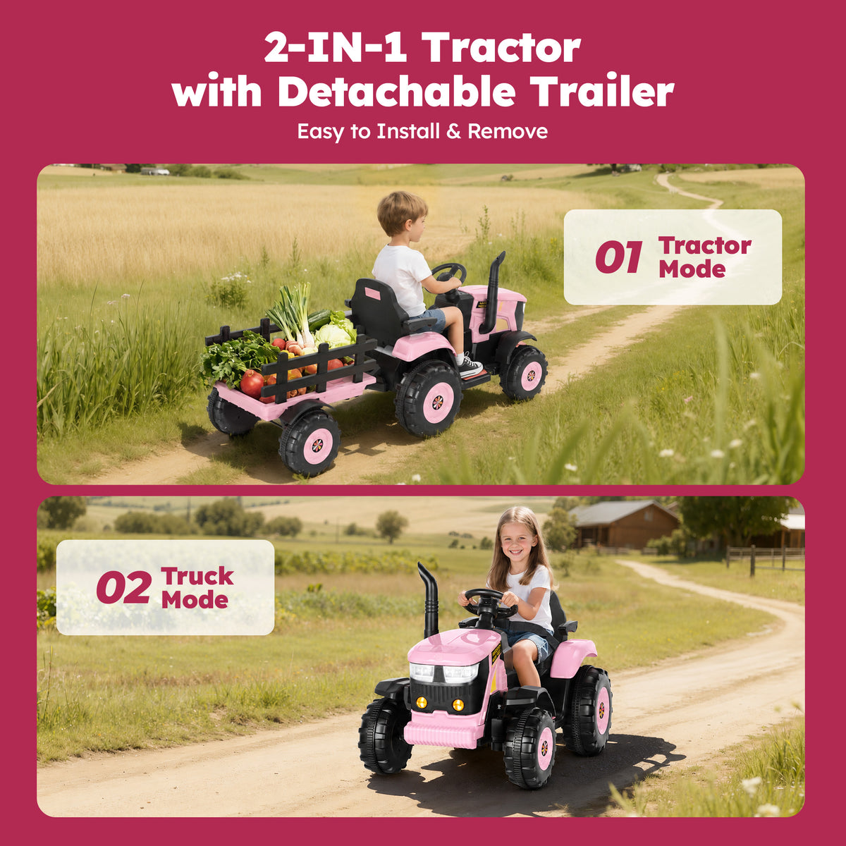 Alpha Joy 24V Powered Ride on Tractor with Detachable Trailer Electric Toy Car with Remote Control, Tippable Trailer, USB, Headlight, Bluetooth, 3 Speed Adjustable for Kids 3+, Pink