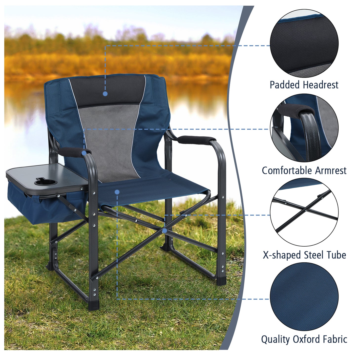 Alpha Joy Director Chair Supports 350Lbs Heavy Duty Folding Camping Chair Oversized Portable Tailgating Chair with Cup Holder & Cooler Bag