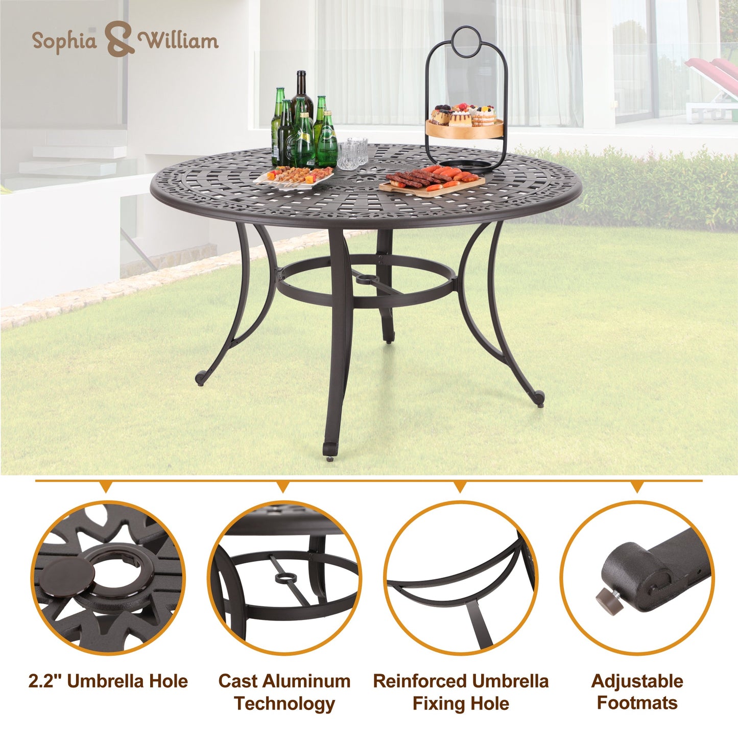 Sophia & William 7 Pieces Cast Aluminium Patio Dining Furniture Set for 6, Powder-coating Outdoor Swivel Rocking Dining Chairs and Round Table with 2.2" Umbrella Hole for Porch Backyard Deck, Bronze