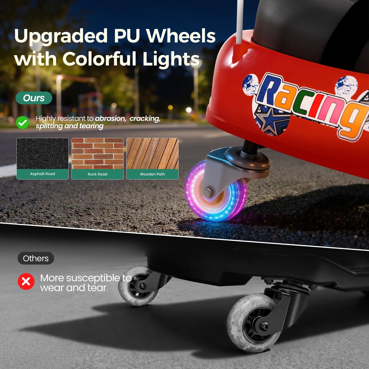 Alpha Joy Kids Crazy Drift Car 24V 181W Electric Drifting Go-Kart w/Rechargeable Battery, Colorful Light, Bluetooth Music & Safety Harness, Red