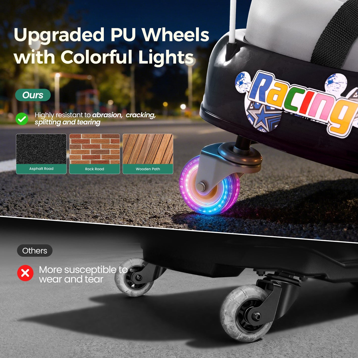 Alpha Joy Kids Crazy Drift Car 24V 180W Electric Drifting Go-Kart w/Rechargeable Battery, Colorful Light, Bluetooth Music & Safety Harness, Black