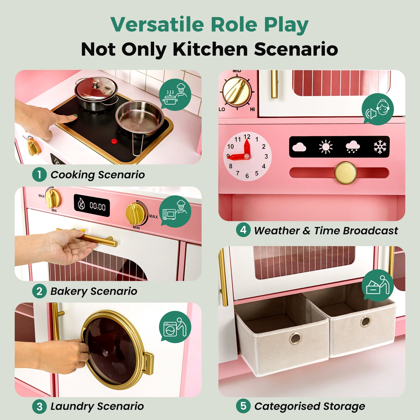 Alpha Joy Pretend Play Kitchen Large Wooden Toy Sets for Kids w/Realistic Sounds & Lights, Oven, Range Hood, Faucet, Sink, Cooking Accessories, Utensils, Pink
