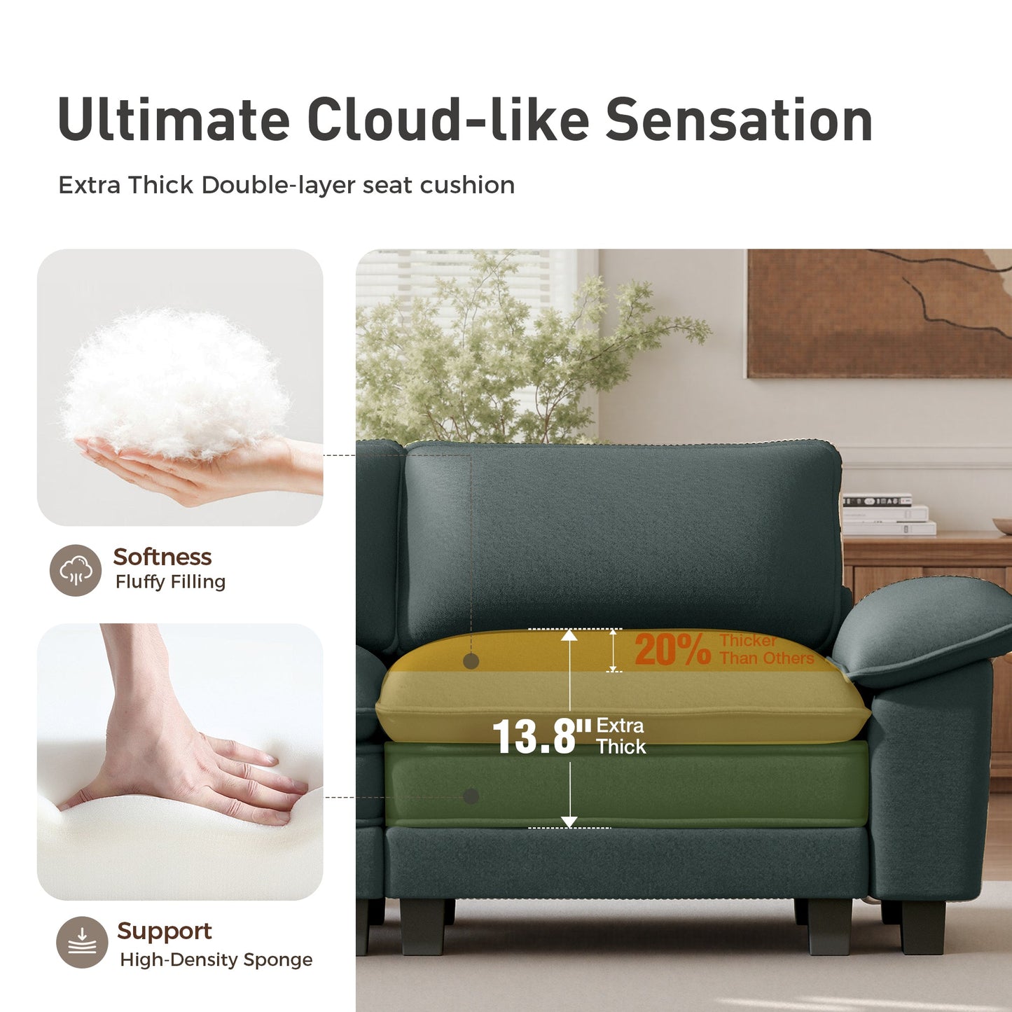 Sophia&William Convertible Sectional Sofa Couch, Modern Chenille Couch 4-Seat 24.4"W Deep Sofa Modular with 4 Pillows for Living Room,Green