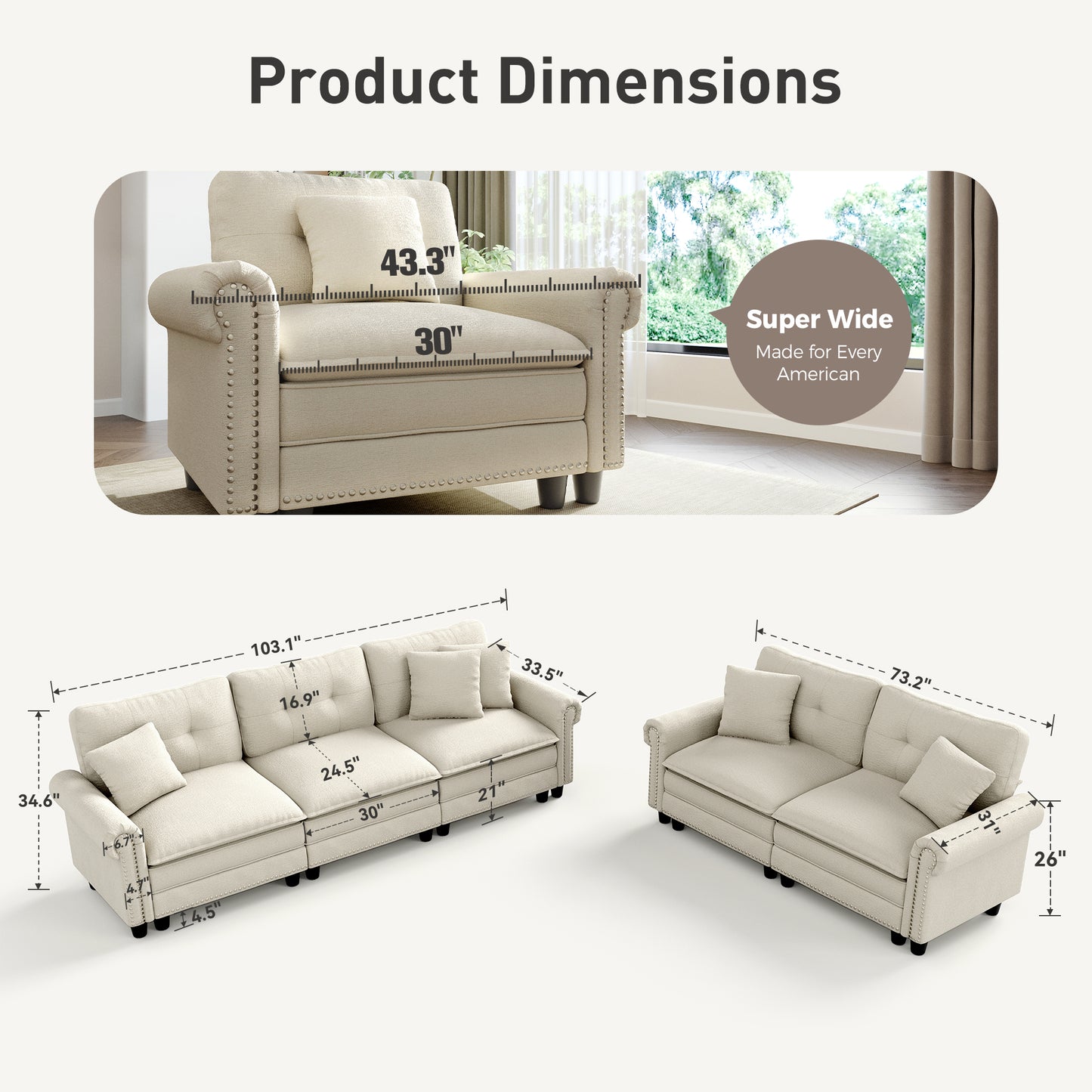 Sophia&William 3-Seat Sectional Sofa Set, Mid-Century Chenille Cloud Couch Modular Sofa with Nailhead Trim, 3 Pillows for Living Room Furniture Sets, White