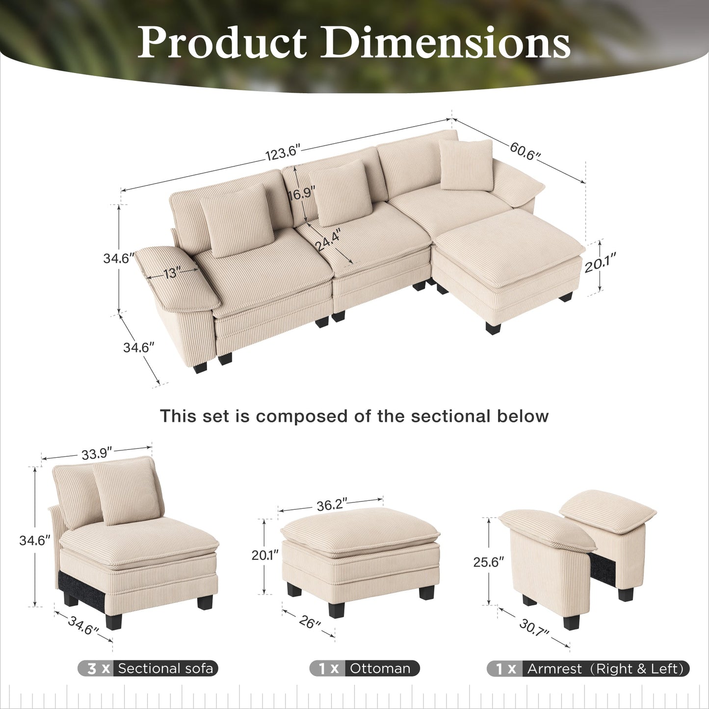 Sophia&William 123.6"L Convertible Sectional Sofa Couch, Modern Corduroy Couch 4-Seat Modular Sectional Sofa for Living Room,Beige