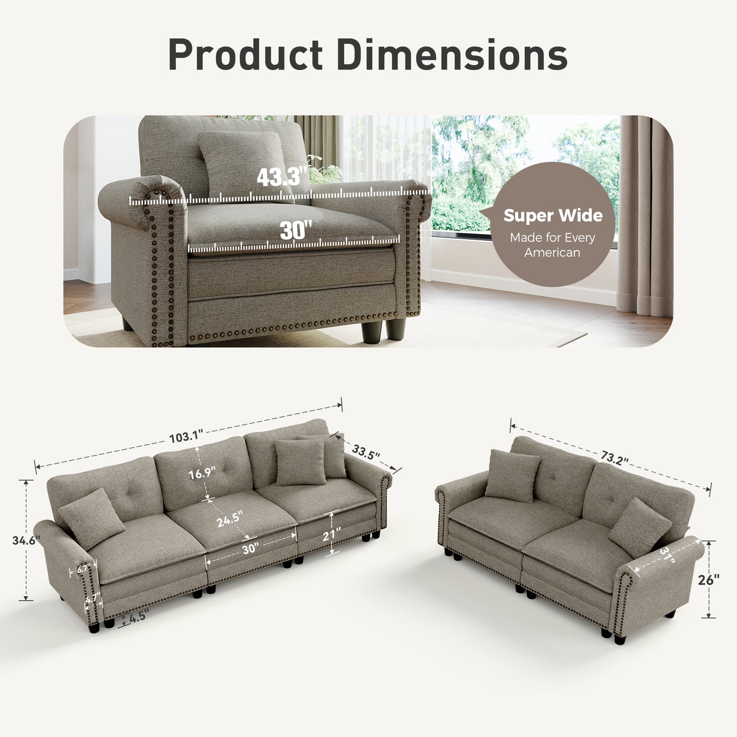 Sophia&William Sectional Sofa Set, Mid-Century Linen Cloud Couch 5-Seat Nailhead Trim Modular Sofa with 5 Pillows for Living Room, Light Gray