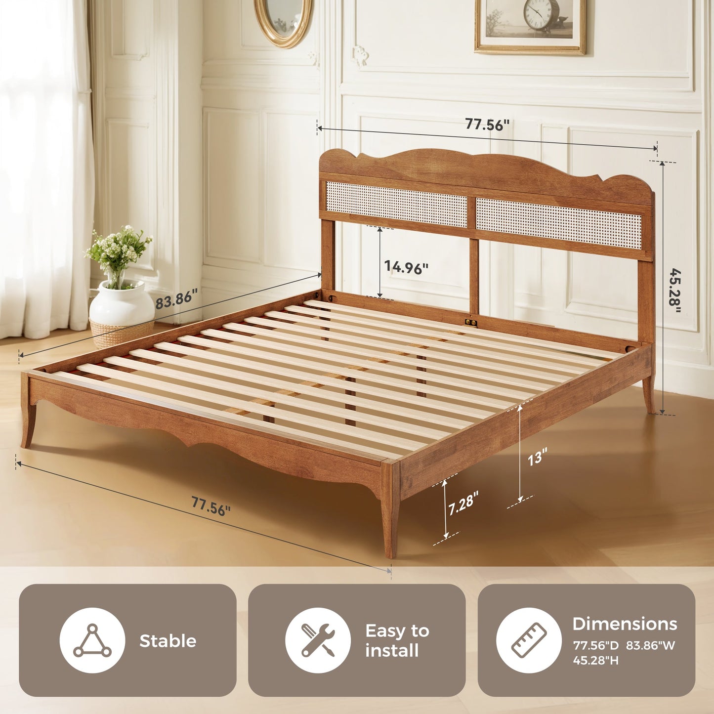 Sophia & William King Size Wood Platform Bed Frame with Wooven Rattan Headboard & Wooden Slats,No Box Spring Needed