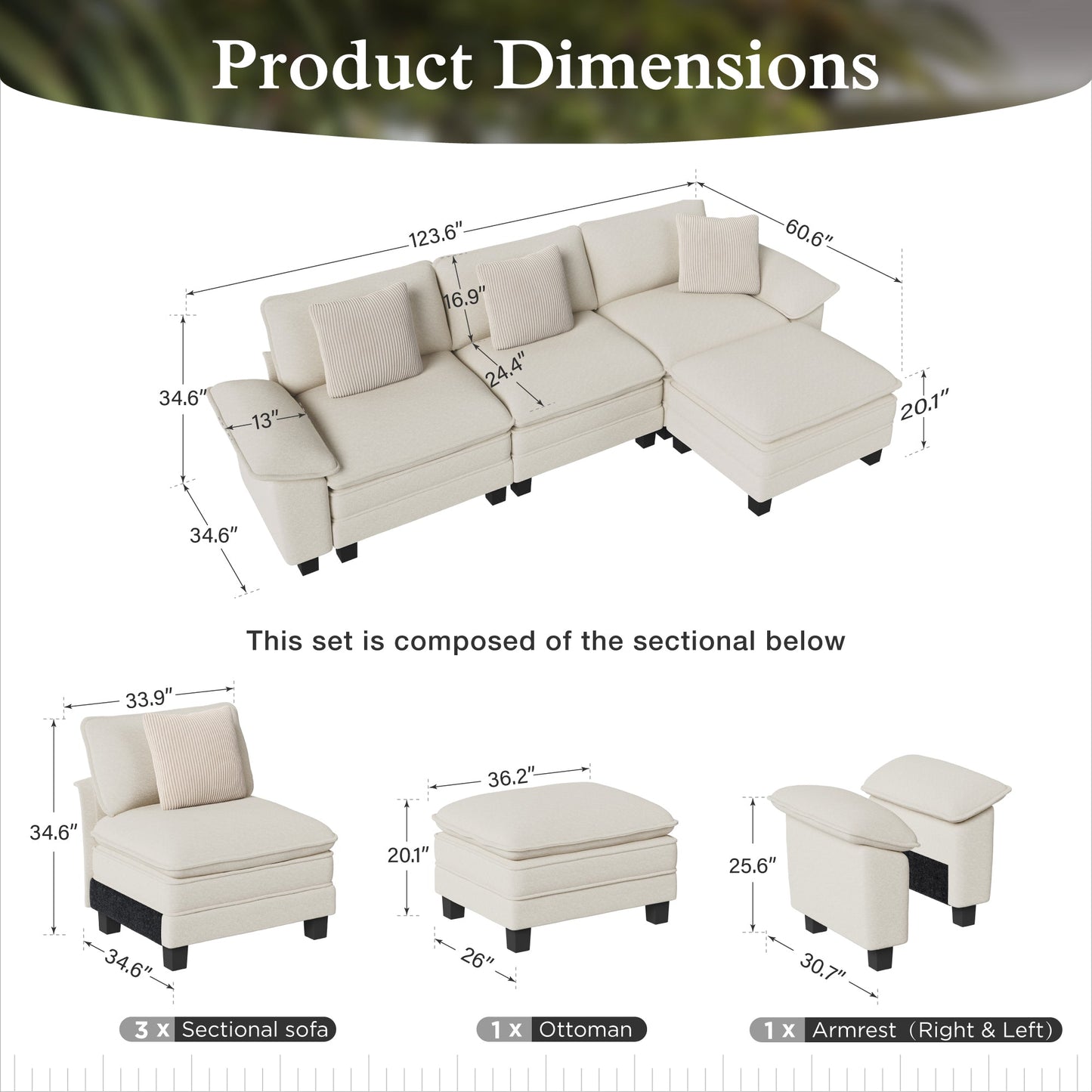 Sophia&William 123.6"L Convertible Sectional Sofa Couch, Modern Chenille Couch 4-Seat Modular Sectional Sofa  for Living Room,White