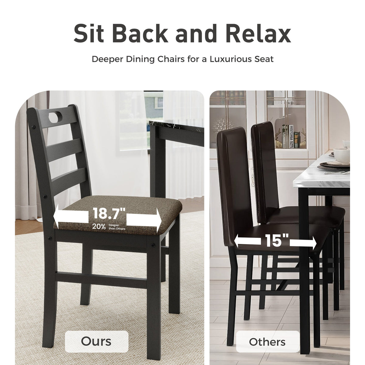 Alpha Joy Farmhouse Dining Table Set for 4, Faux Marble Rectangular Table with Solid Wood Paded Chairs