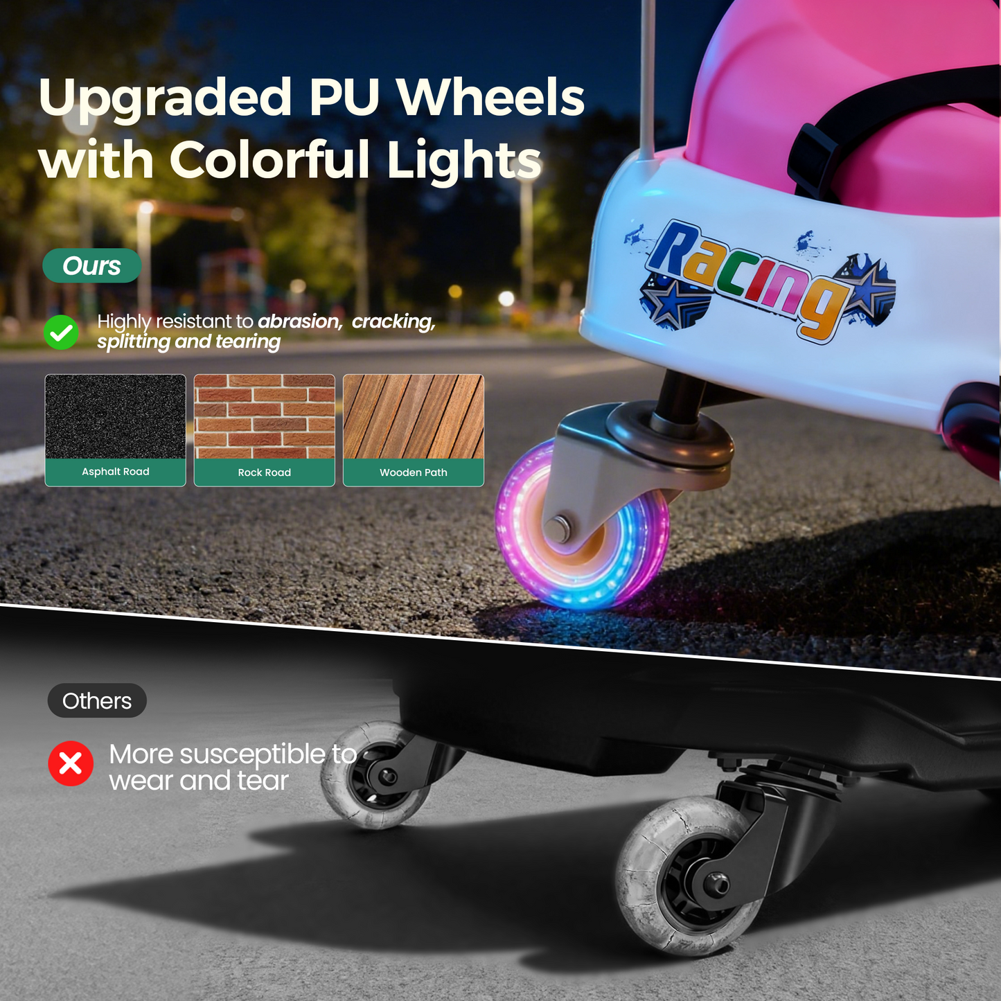 Alpha Joy Kids Crazy Drift Car 24V 181W Electric Drifting Go-Kart w/Rechargeable Battery, Colorful Light, Bluetooth Music & Safety Harness, Pink