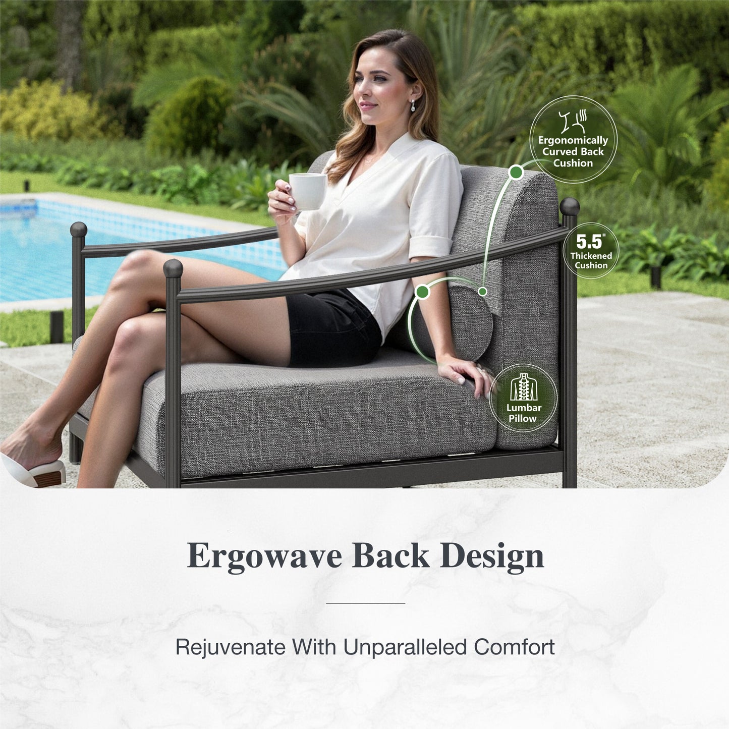 Sophia&William 5 Pieces Outdoor Patio Furniture Set Modern Metal Conversation Set with 28.3" Wider Chairs & Modular Coffee Table & 7.1" Gray Cushions