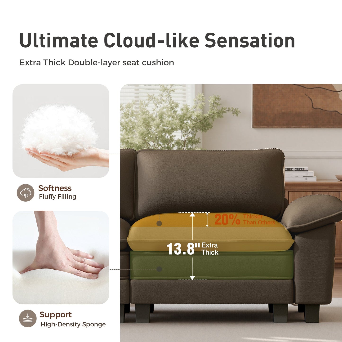 Sophia&William 123.6"L Convertible Chenille Sectional Sofa Couch, Modern 5-Seat Deep Sofa Modular with 3 Pillows & 2 Ottomans, Pillows for Living Room,Brown