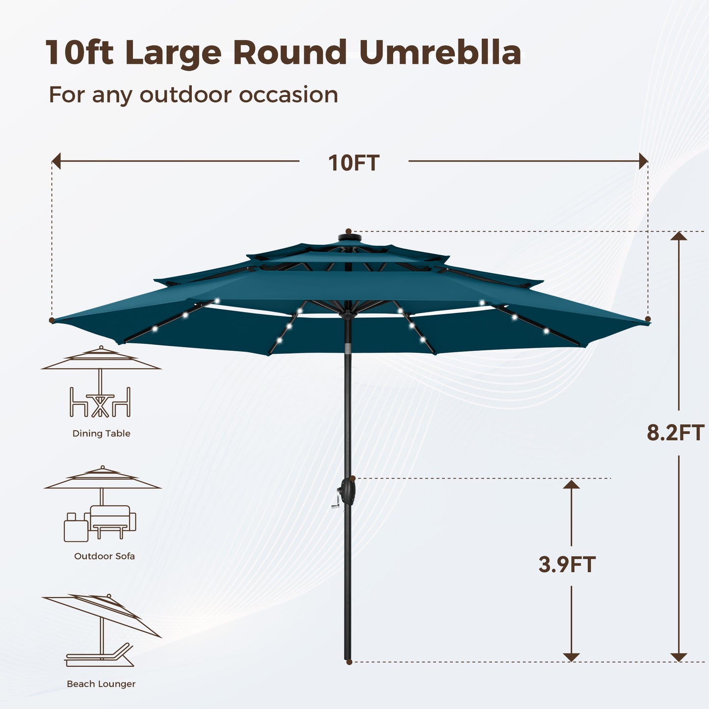Alpha Joy 10ft 3 Tier Auto-tilt Outdoor Patio Umbrella Beach Garden Double Vented Table Umbrella with Solar Lights, Cerulean