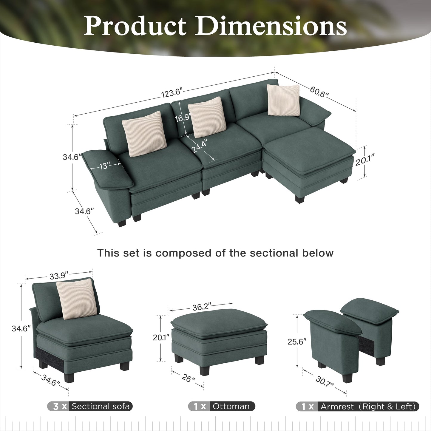 Sophia&William 123.6"L Convertible Sectional Sofa Couch, Modern Chenille Couch 4-Seat Modular Sectional Sofa  for Living Room,Green