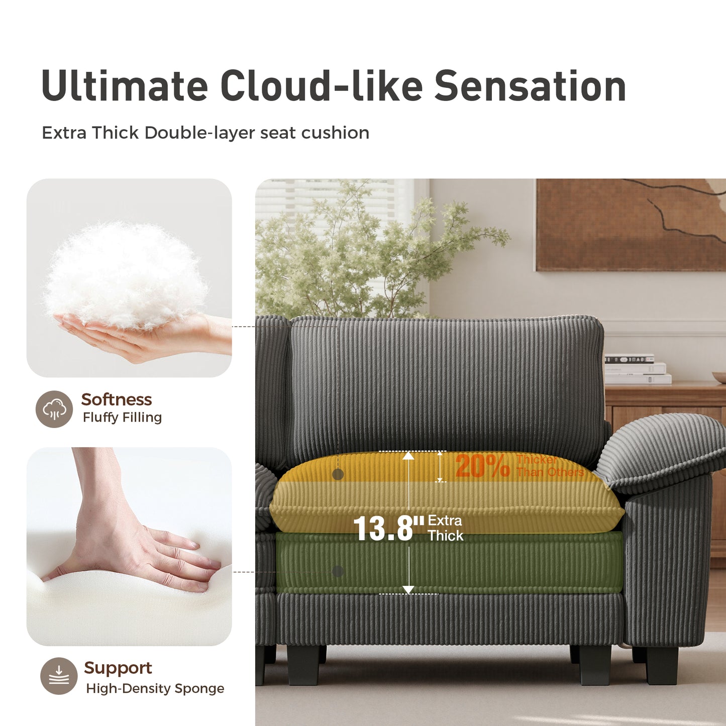 Sophia&William 3-Seat Modular Sectional Sofa Sets, Modern Corduroy Couch Cloud Sofa with Throw Pillows for Living Room,Gray