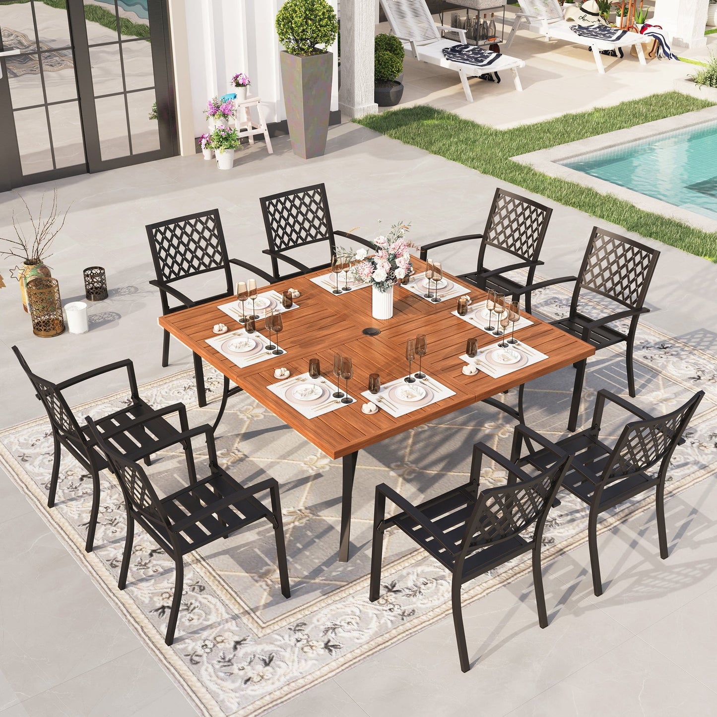 Sophia & William 9 Piece Outdoor Metal Patio Dining Set 60" Teak Wood Square Table and Chairs Furniture Set for 8, Brown