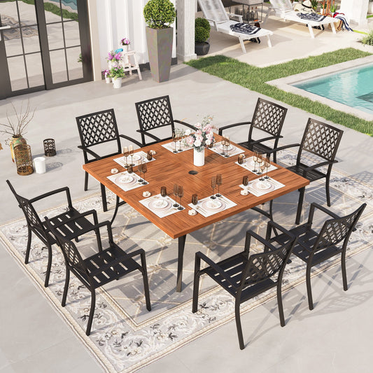 Sophia & William 9 Piece Outdoor Metal Patio Dining Set 60" Teak Wood Square Table and Chairs Furniture Set for 8, Brown