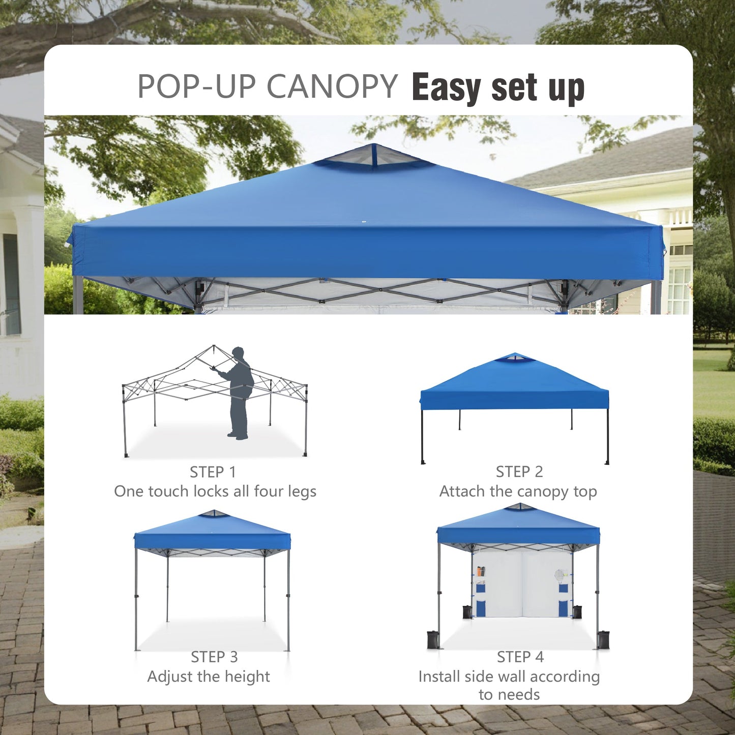 10x10ft Easy Set Up 3 Height Adjustable Pop Up UV Protection Canopy Tent with Removable Side Wall, Blue