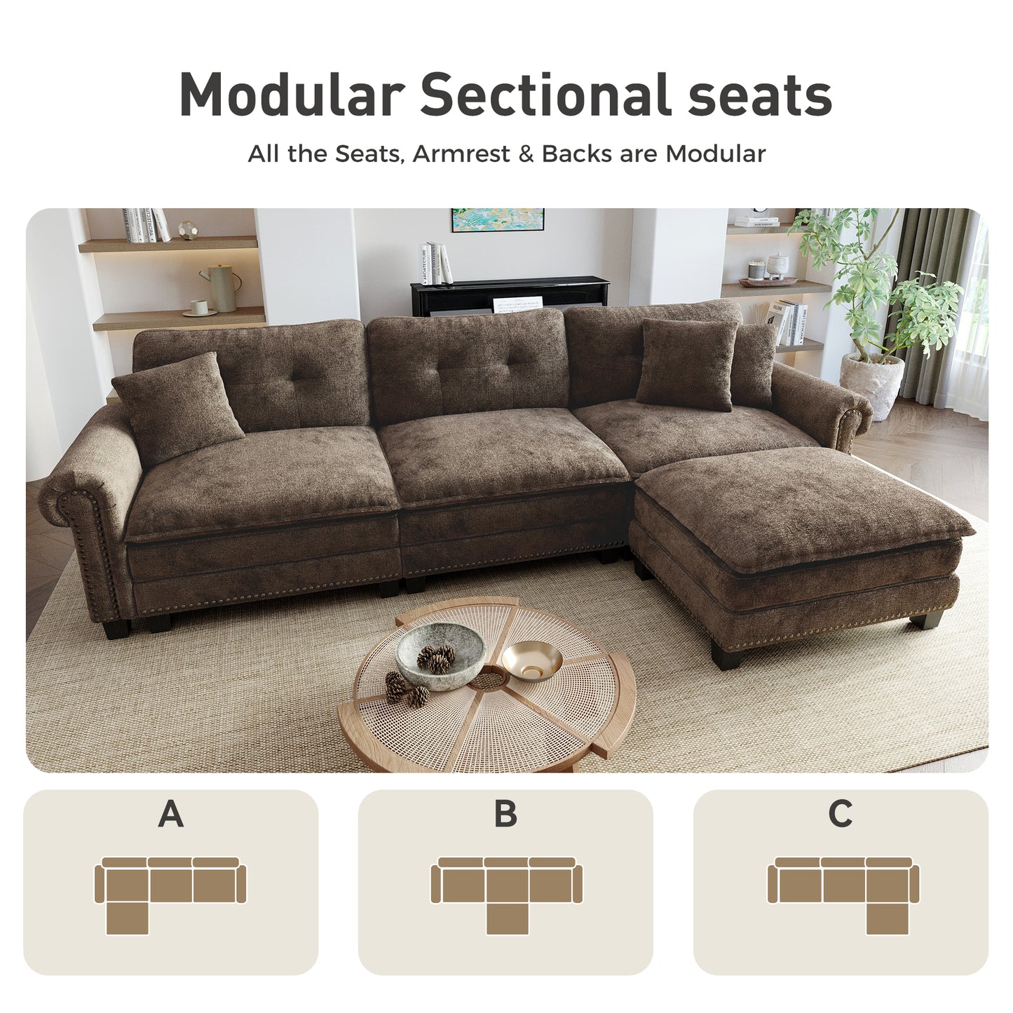 Sophia&William Modular Sectional Sofa Set, Modern Chenille Cloud Couch 4-Seat Retro Nailhead Trim with 3 Pillows for Living Room Furniture Sets, Brown