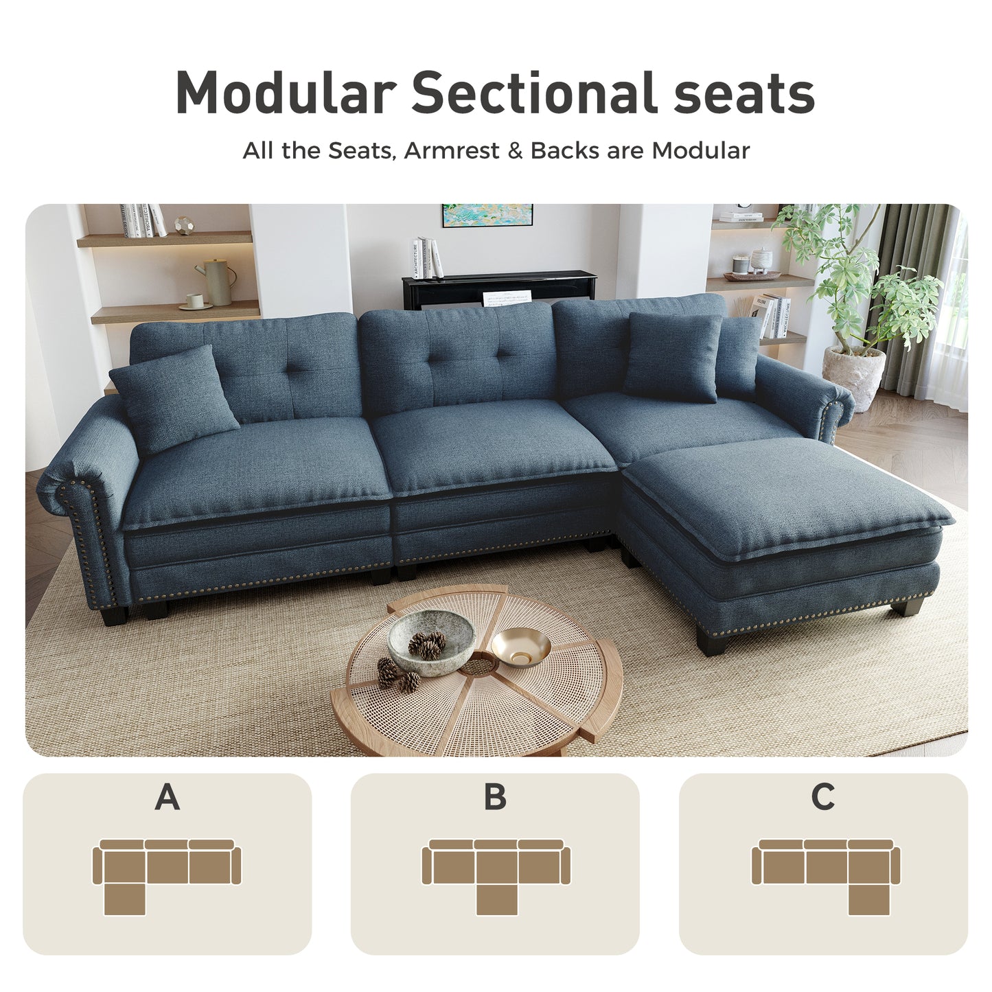 Sophia&William Modular Sectional Sofa Set, L-shaped Oversized Linen Cloud Couch Set 4-Seat Retro Nailhead Trim Cloud Sofa Set with 3 Pillows for Living Room, Cyan