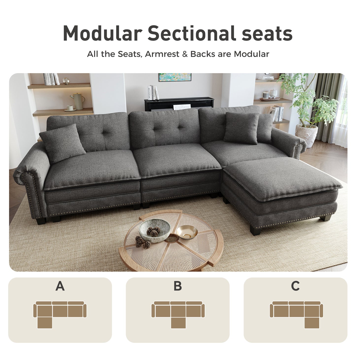 Sophia&William Modular Sectional Sofa Set, L-shaped Oversized Linen Cloud Couch Set 4-Seat Retro Nailhead Trim Cloud Sofa Set with 3 Pillows for Living Room, Dark Gray