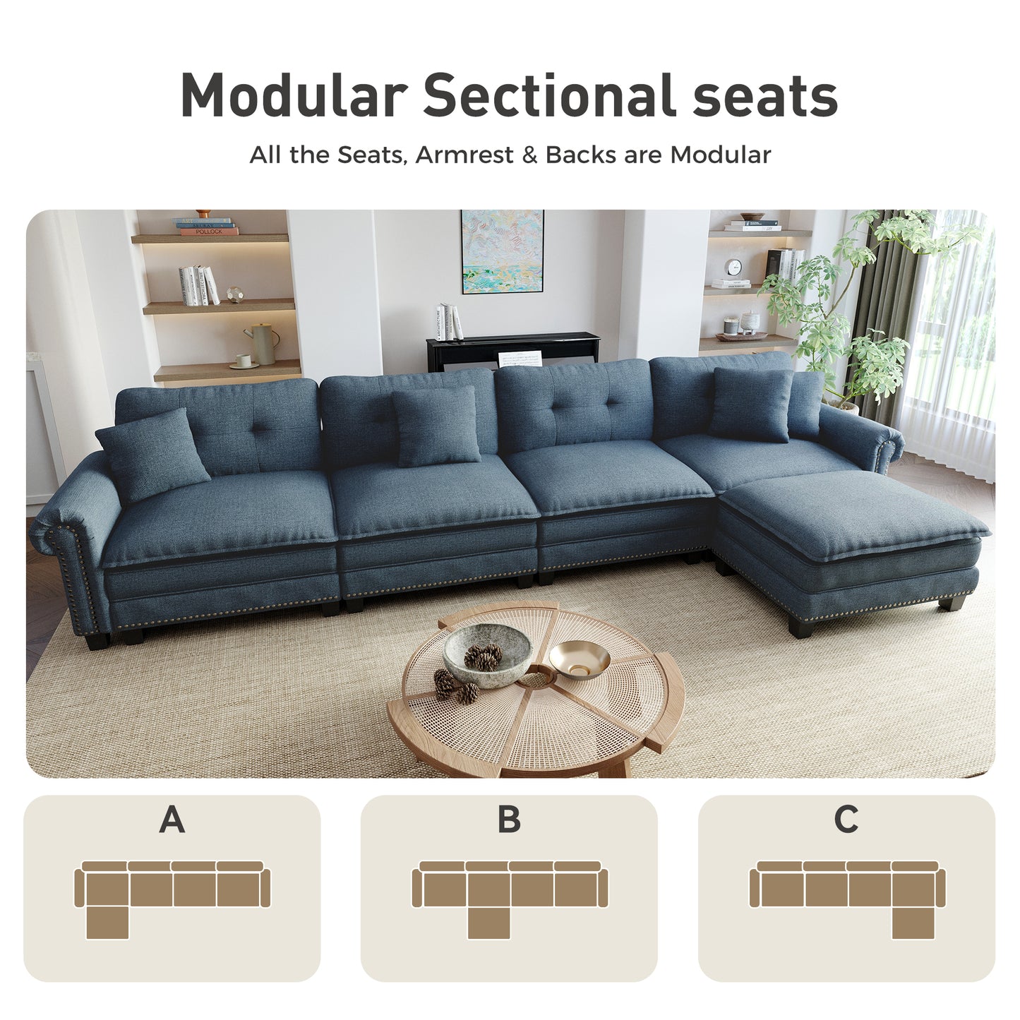 Sophia&William Modular Sectional Sofa Set, L-shaped Linen Cloud Couch 5-Seat Nailhead Trim Cloud Sofa Set with 4 Pillows for Living Room, Cyan