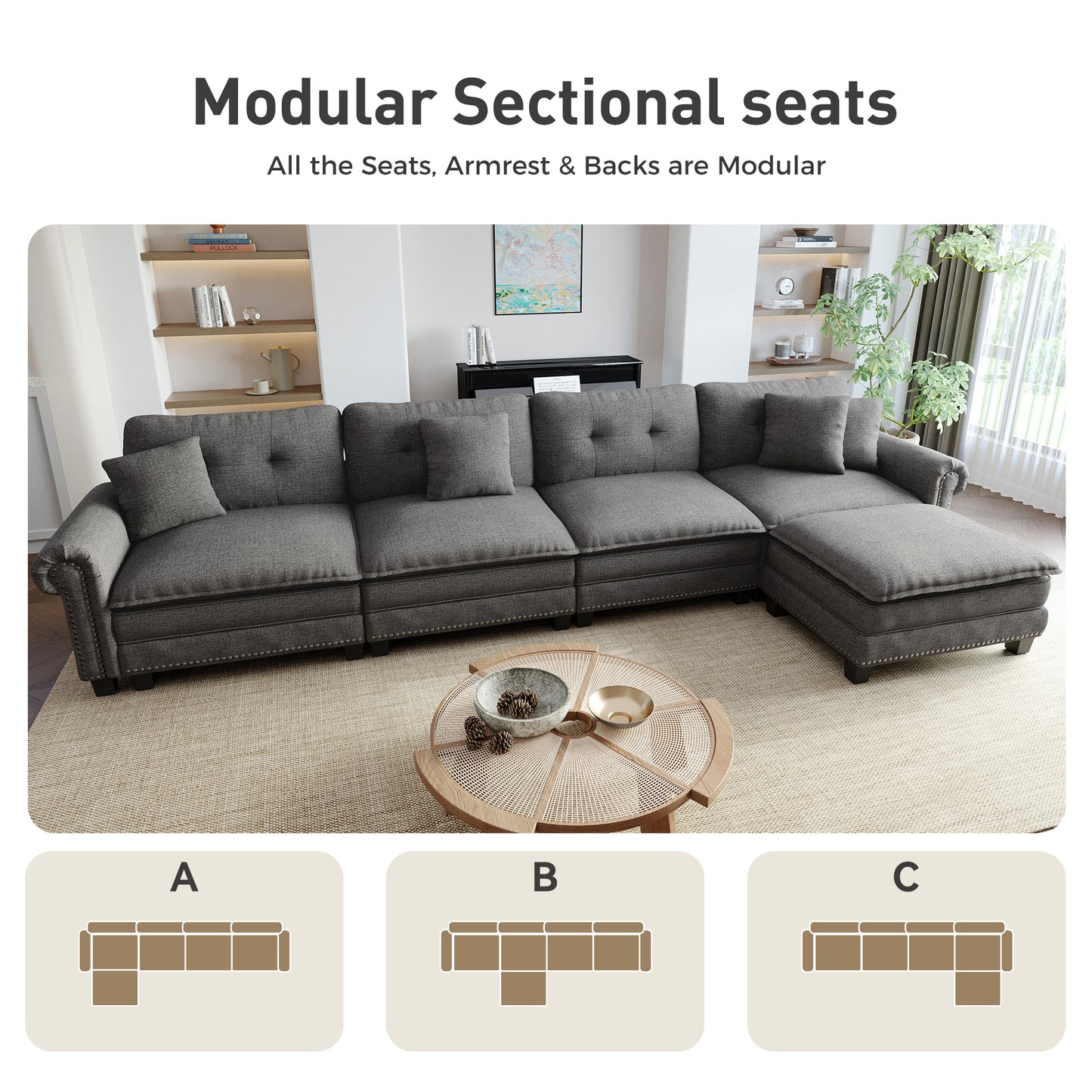 Sophia&William Modular Sectional Sofa Set, L-shaped Linen Cloud Couch 5-Seat Nailhead Trim Cloud Sofa Set with 4 Pillows for Living Room, Dark Gray