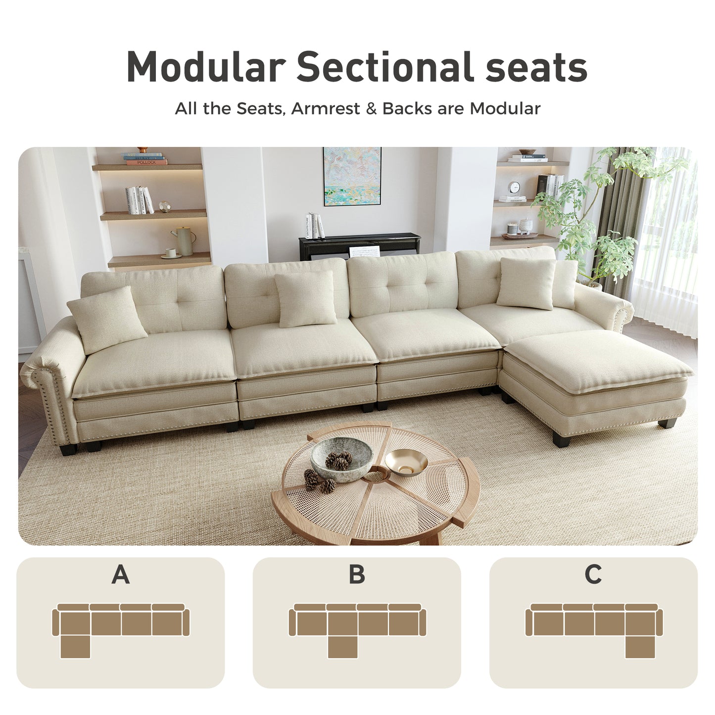Sophia&William Modular Sectional Sofa Set, L-shaped Linen Cloud Couch 5-Seat Nailhead Trim Cloud Sofa Set with 4 Pillows for Living Room, White