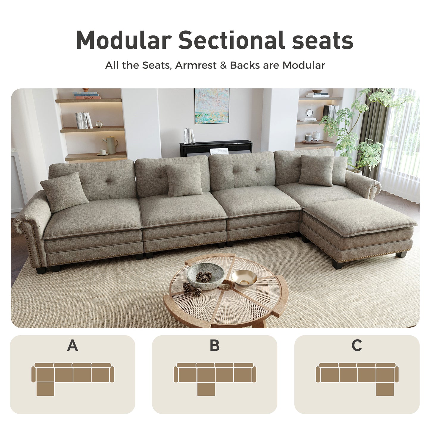 Sophia&William Sectional Sofa Couch Set, L-shaped Linen Cloud Couch 5-Seat Nailhead Trim Modular Sofa with 4 Pillows for Living Room, Gray