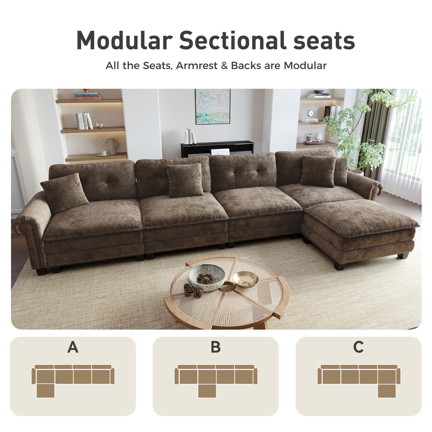 Sophia&William Modular Sectional Sofa Set, Modern Chenille Cloud Couch 5-Seat Retro Nailhead Trim with 4 Pillows for Living Room Furniture Sets, Brown