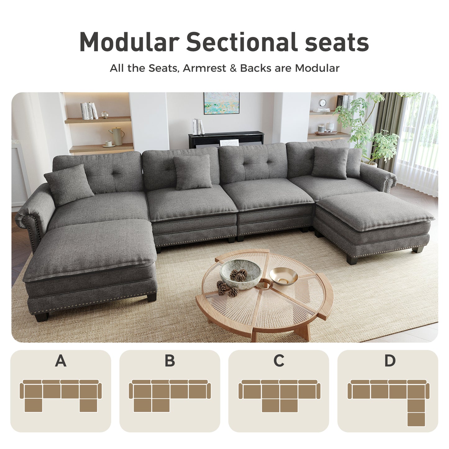 Sophia&William Modular Sectional Sofa Couch Set, U-shaped Linen Cloud Couch 6-Seat Retro Nailhead Trim Cloud Sofa Set with 4 Pillows for Living Room, Dark Gray