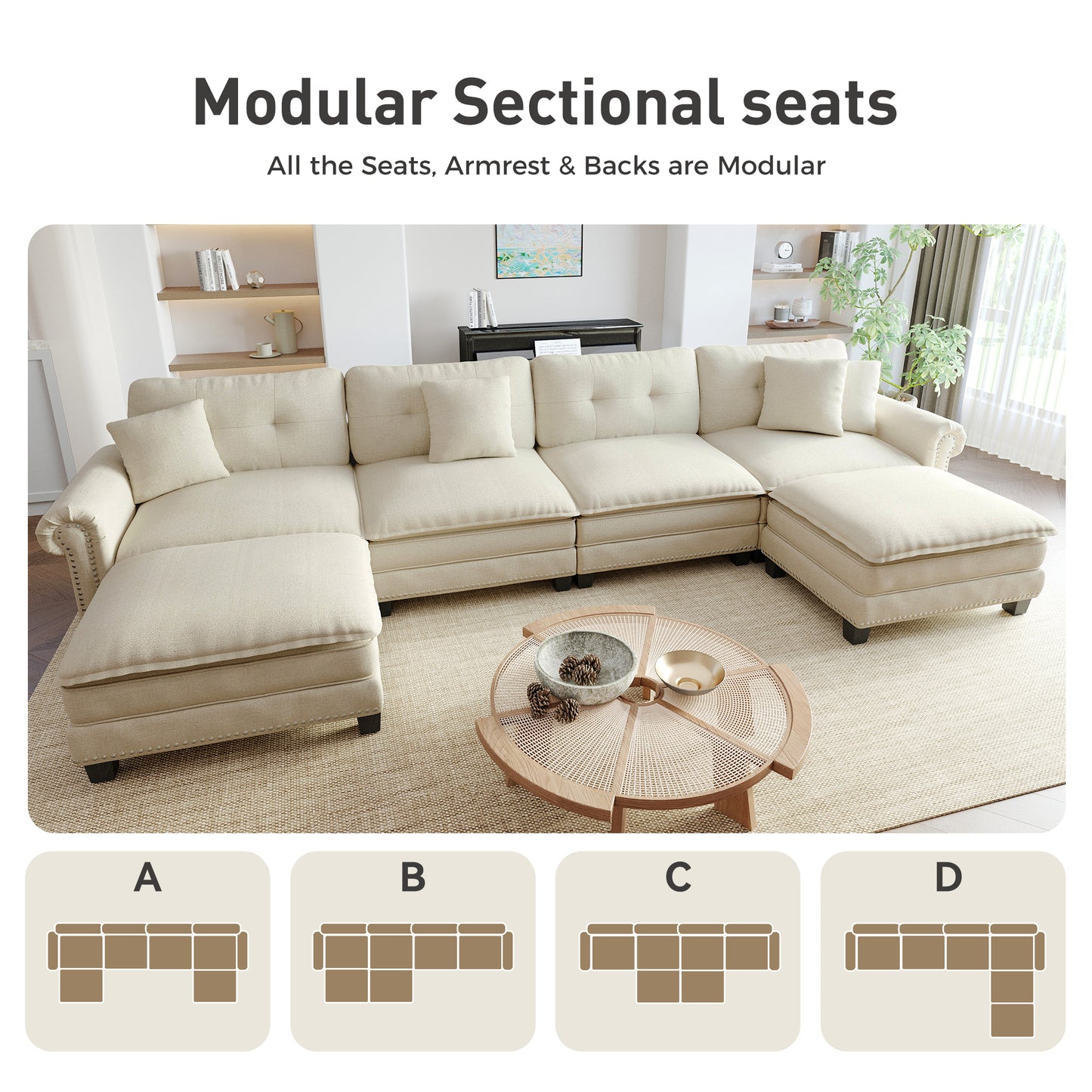 Sophia&William Modular Sectional Sofa Couch Set, U-shaped Linen Cloud Couch 6-Seat Retro Nailhead Trim Cloud Sofa Set with 4 Pillows for Living Room, White
