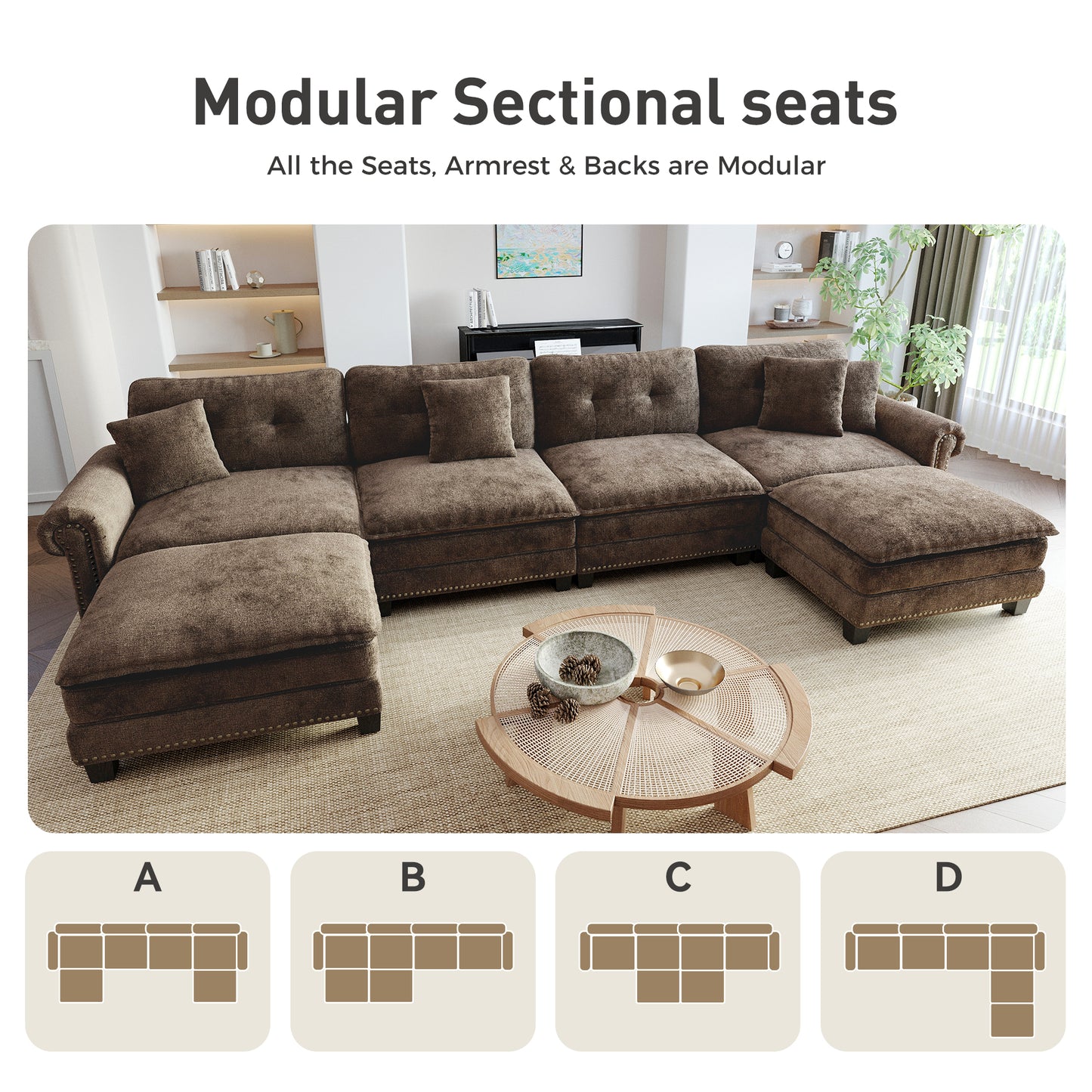Sophia&William Modular Sectional Sofa Set, Modern Chenille Cloud Couch 6-Seat Retro Nailhead Trim with 4 Pillows for Living Room Furniture Sets, Brown