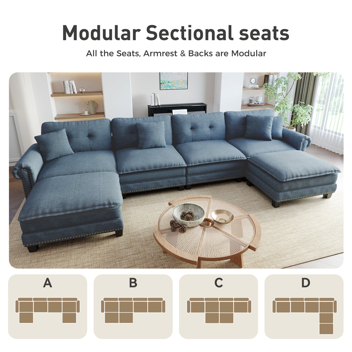Sophia&William Modular Sectional Sofa Couch Set, U-shaped Linen Cloud Couch 6-Seat Retro Nailhead Trim Cloud Sofa Set with 4 Pillows for Living Room, Cyan