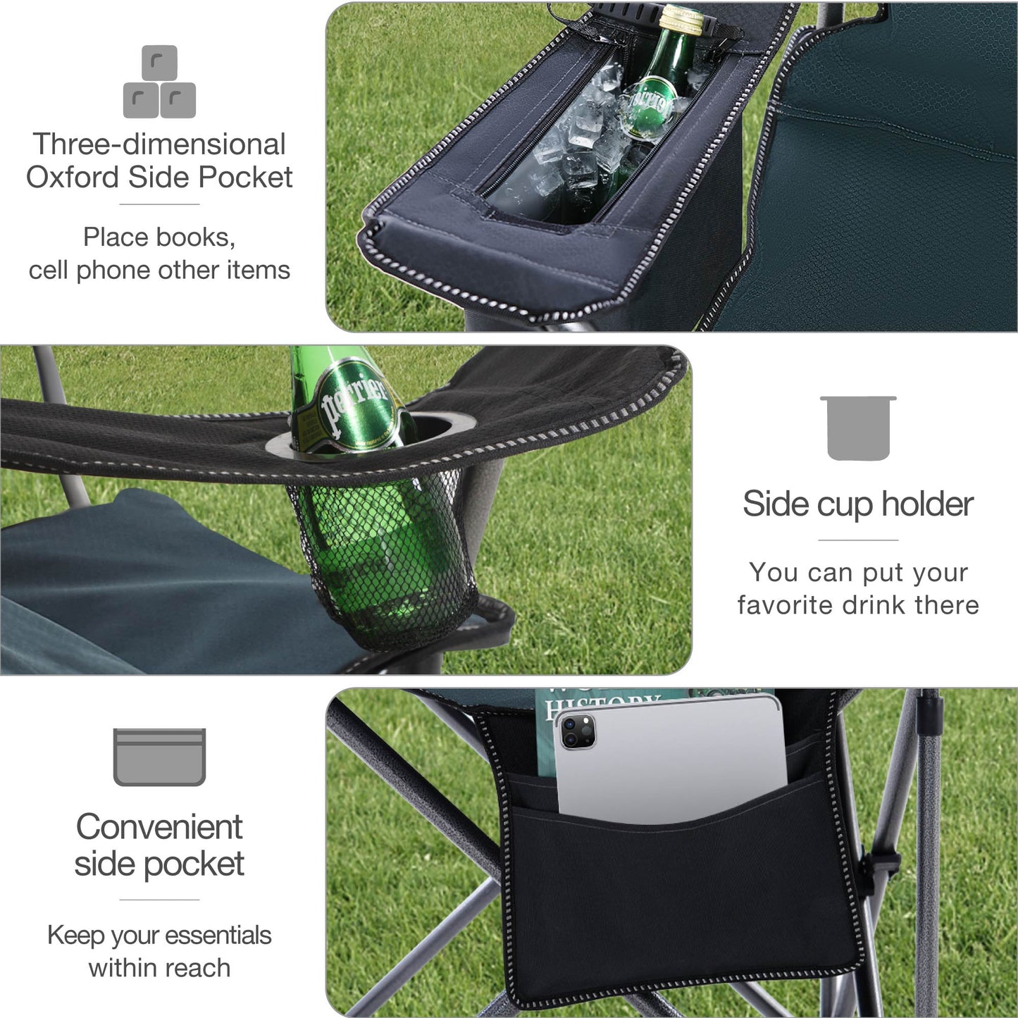 Sophia & William Heavy Duty Steel Camping Chair Outdoor Oversized Padded Lawn Chair with Cooler, 450LBS Capacity, Green
