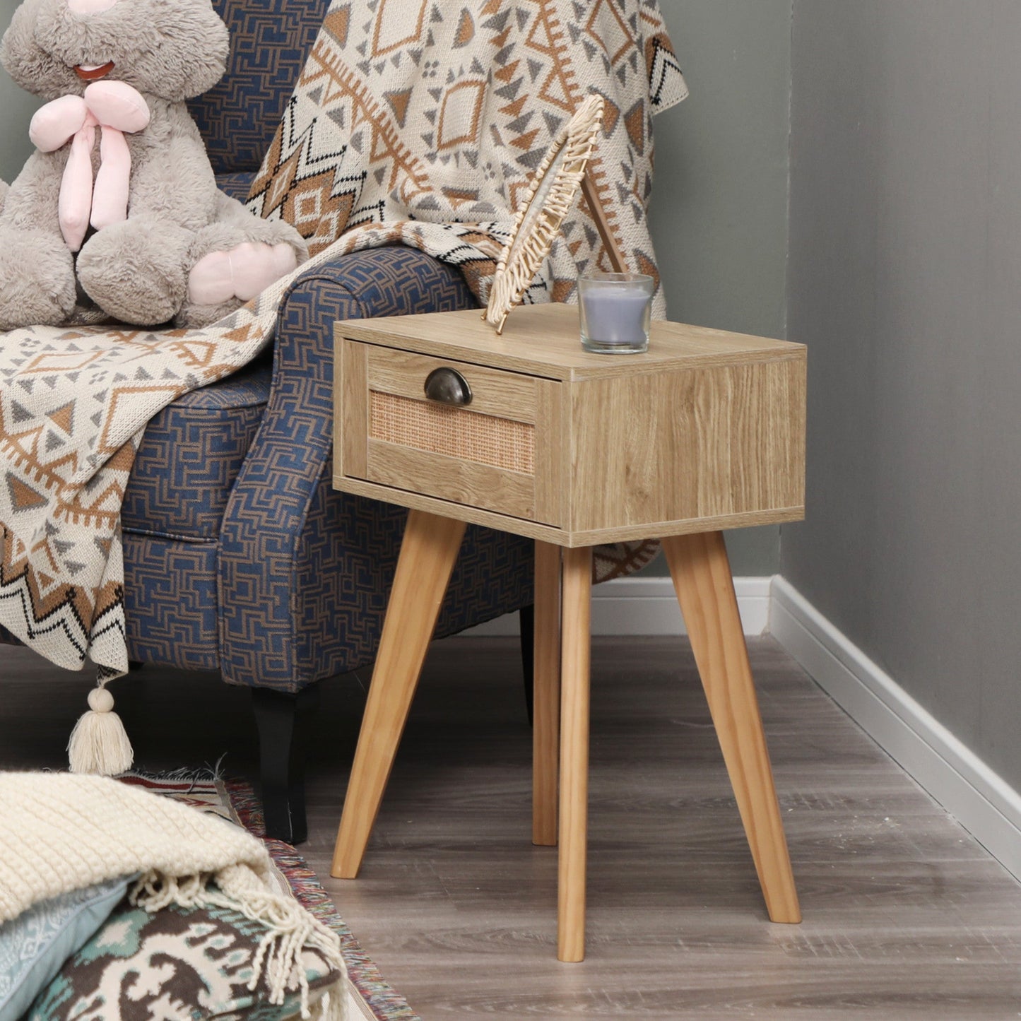 Sophia & William 23.4"H Wood Bedside End Table Nightstand with Rattan Drawer