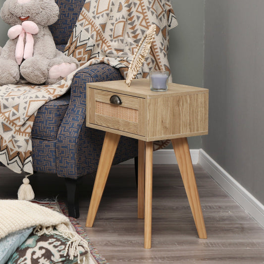 Sophia & William 23.4"H Wood Bedside End Table Nightstand with Rattan Drawer