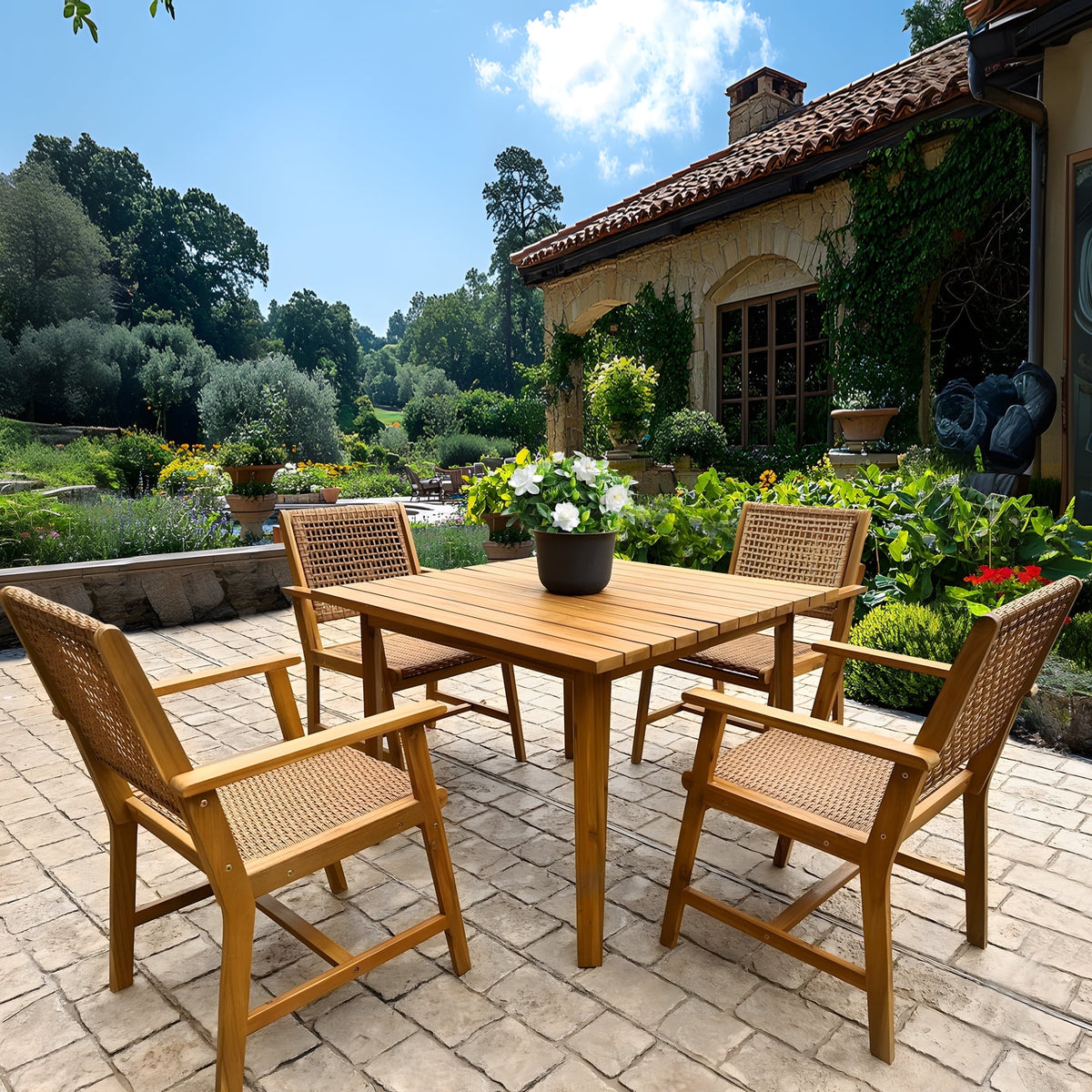 Sophia & William 5 Pieces Acacia Wood Outdoor Patio Dining Set Natural Wood Table and Rattan Chairs for Lawn, Garden, Backyard