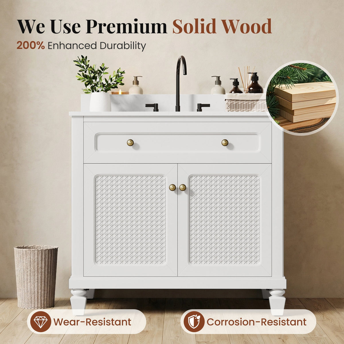 Sophia & William 36" Bathroom Vanity with 7.1" Deep Sink Freestanding Wood Bathroom Cabinet Vanity with 2 Doors, White