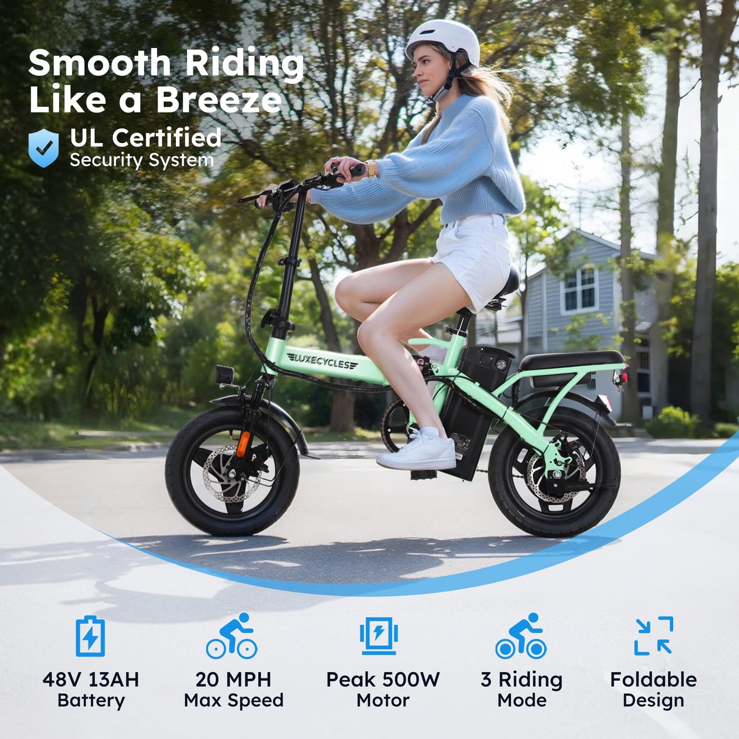 Alpha Joy Foldable Electric Bike for Adults 14", Rated 350W Peak 500W Ebike 48V 13AH UL2849