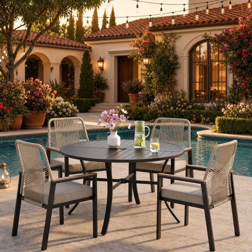 Sophia & William 5-Piece Outdoor Patio Dining Set Metal Rattan Chairs and Steel Round Table
